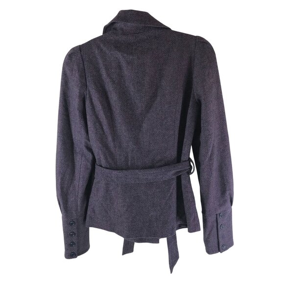 French Connection Purple Wool-Blend Belted Womens Peacoat Jacket Puff Sleeve 4 - Picture 2 of 5